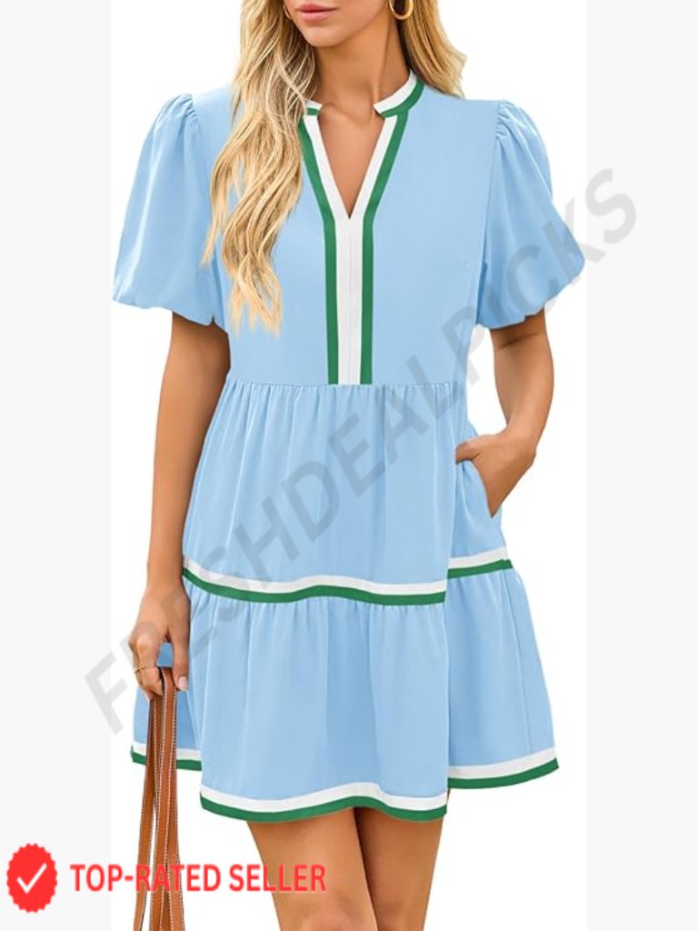 Floral V-Neck Mini Dress Puff Sleeve Patchwork Summer Casual Boho Babydoll